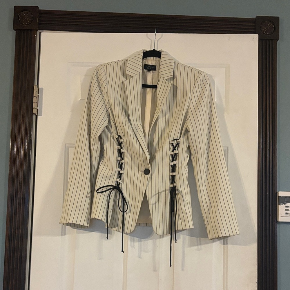 Topshop Cream Blazer with Black Stripes and Lace-Up Detail